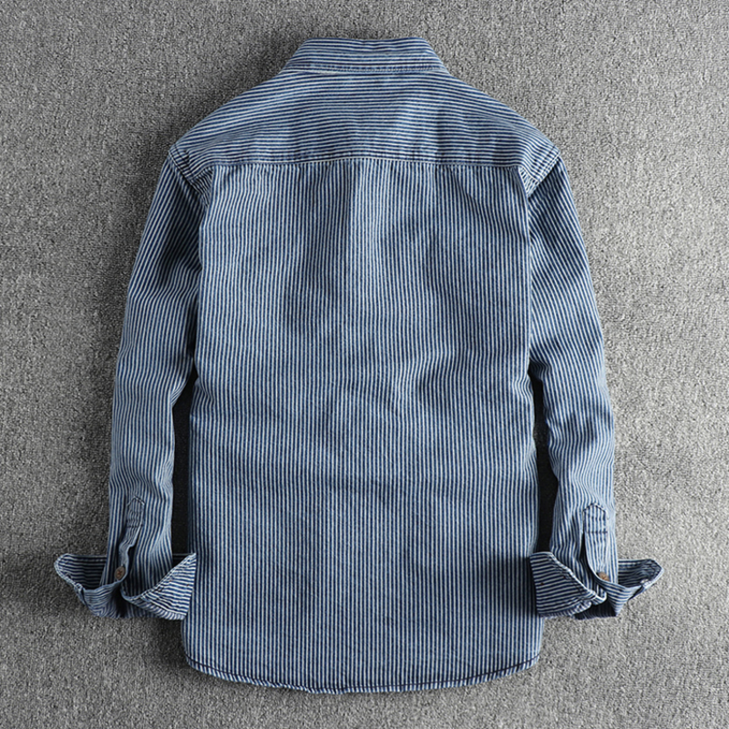 Camisa de mezclilla de carga vintage lavada para hombres, tela a rayas teñida de hilo, abrigo de camisa informal de moda europea y americana