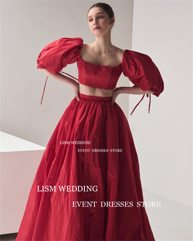 LISM 2-częściowe czerwone suknie wieczorowe A Line Photo Shoot Square Neck Short Top Prom Formal Occasion Gown High Side Split Party Dress