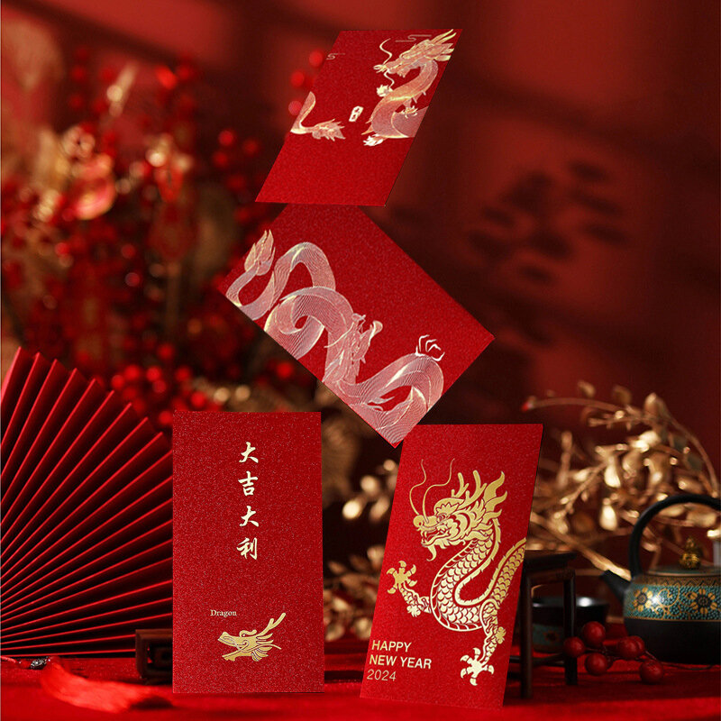 Saco vermelho do ano novo lunar chinês, Envelope grande dos desenhos animados, Ano do Dragão, 6 pcs