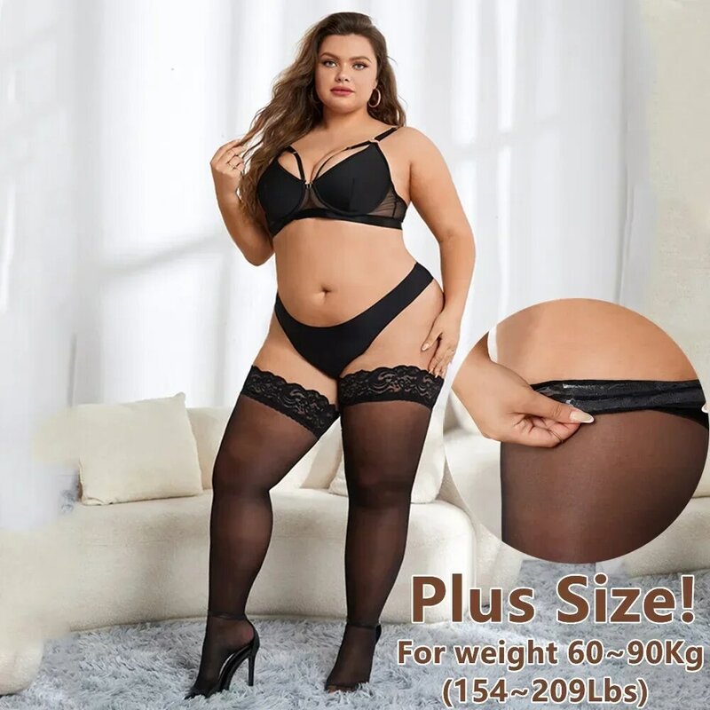 Plus Size Lace Black White Stockings Sexy Transparent Knee Socks Thigh High Long Socks with Anti-slip Fishnet Stocking for Women