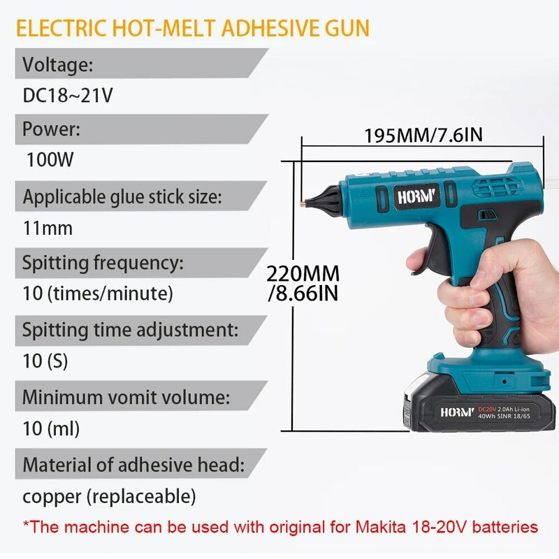 100W Akumulatorowy elektryczny pistolet do klejenia na gorąco do akumulatorów Makita 18V 11mm Klej w sztyfcie do spawania na gorąco do rękodzieła domowego DIY
