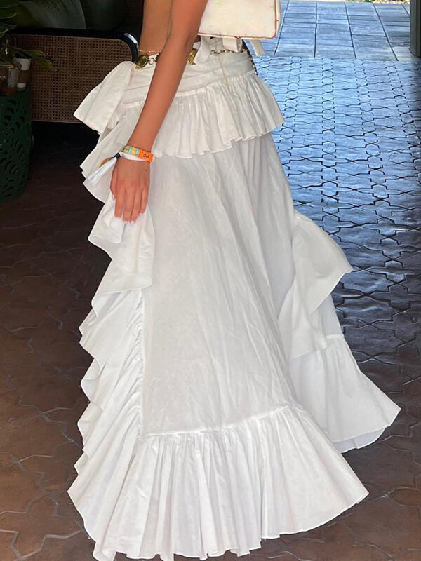 Повседневная Однотонная юбка-трапеция IAMSURE с оборками, асимметричная юбка в пляжном стиле, облегающая юбка макси с низкой талией, женская летняя уличная одежда