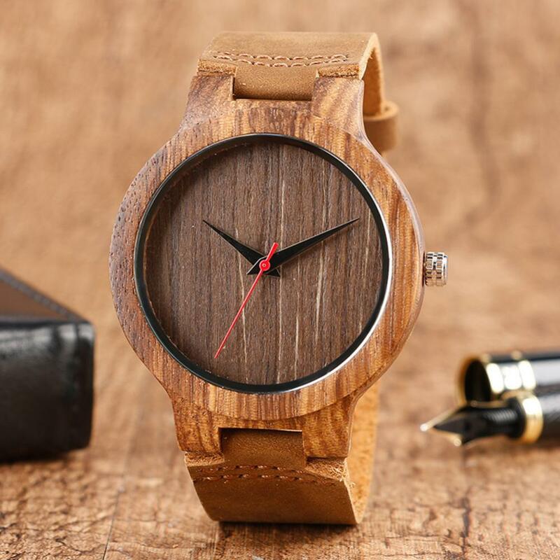 Lässige Unisex-Uhren rundes Zifferblatt Naturholz uhr Männer Frauen Kunstleder Armbanduhr keine Nummer analoge Quarz armbanduhr