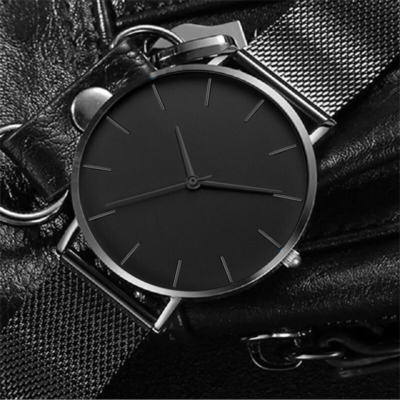 Relógio de quartzo ultra fino para homens, relógios simples, casual para negócios, corda manual, aço inoxidável, cinto de malha, moda, conjunto 3 peças