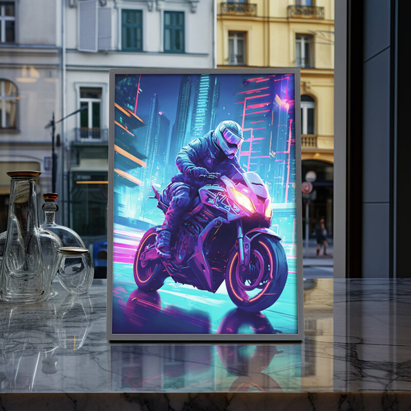 Violent Motorcycle Neon Colors LED Light Painting Photo Frame USB Painting Art Nightlight Room Decoration Friends Gift