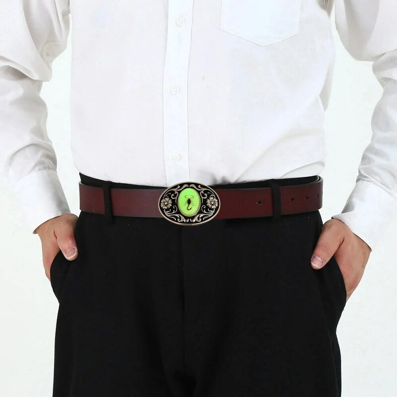 Cheapify-Hebilla de cinturón de escorpión realista para Hombre, cinturón con diseño Floral, ovalado, verde, luminoso, triangulación de envíos