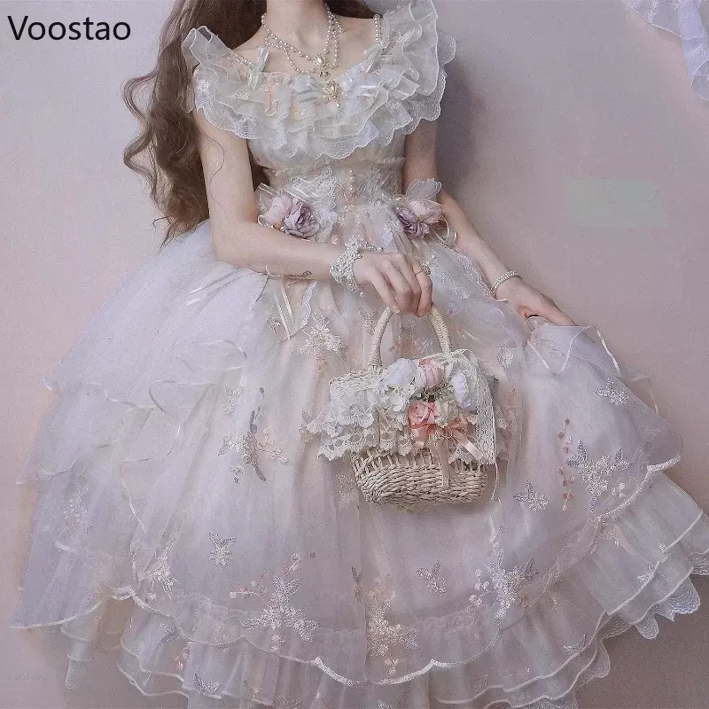 Victorian Retro Lolita Jsk Dress Japanese Women Sweet Lace Floral Embroidery Princess Wedding Dresses Girls Cute Party Vestidos