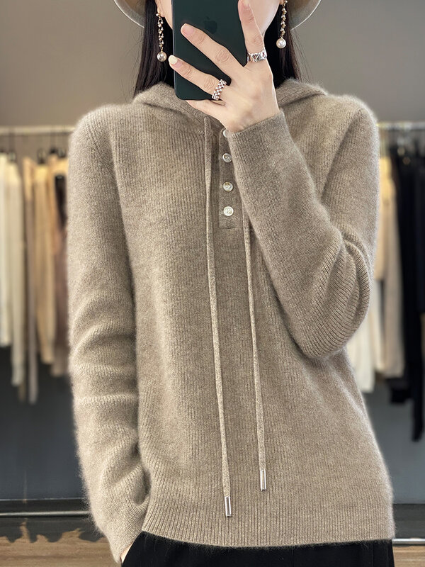 Alisreaching-Pull à capuche 100% laine mérinos pour femme, pull décontracté à manches longues, manteau en cachemire, mode coréenne, automne et hiver