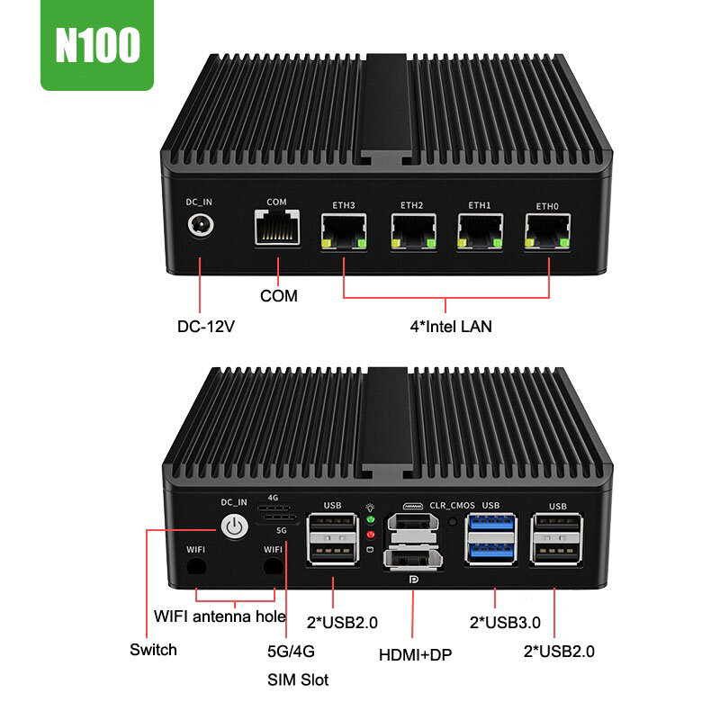เราเตอร์นุ่มคอมพิวเตอร์ขนาดเล็กไม่มีพัดลม Intel Alder Lake N100 4 * Intel i226 2.5G LAN HDMI DP pfsense 4G/5G Firewall AES-NI ESXi