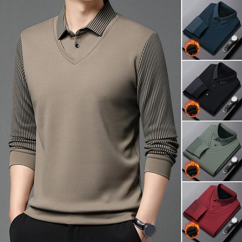Men Sweater Men's Striped Lapel Sweater with Plush Warm Knitted Design Formal Business Style Pullover for Fall/winter Slim Fit