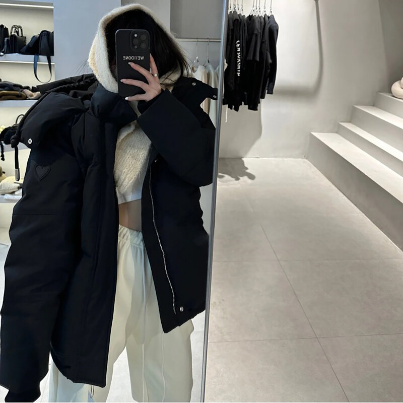 Y2K Winter Cotton Jacket  Women Korean Fashion Hooded Padded Coat Loose Thick Warm Snow Outwear Zipper Solid Waterproof Parka