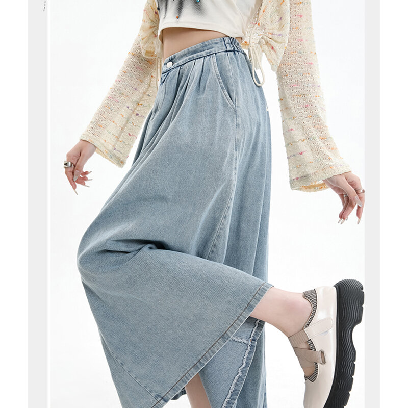 Demi-jupe en jean plissée rétro pour femme, taille haute élastique, jupe longue trapèze mince, tempérament, printemps, été, nouveau, 2024