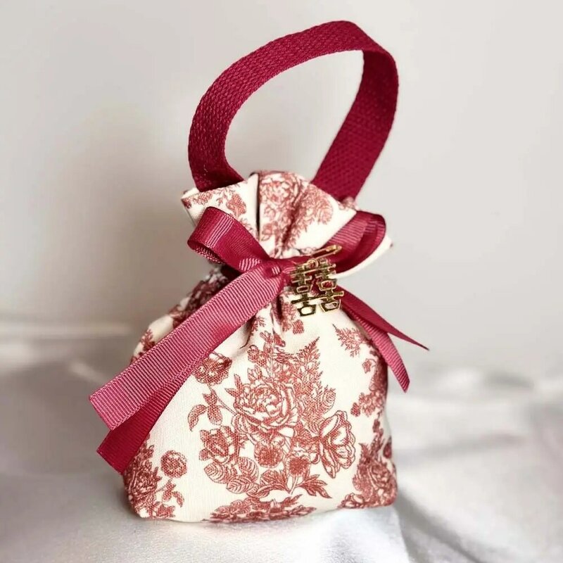 Borsa con coulisse floreale in tela con ciondolo di perle borsa da polso con fiore di peonia di grande capacità in stile coreano portamonete con fiocco in raso