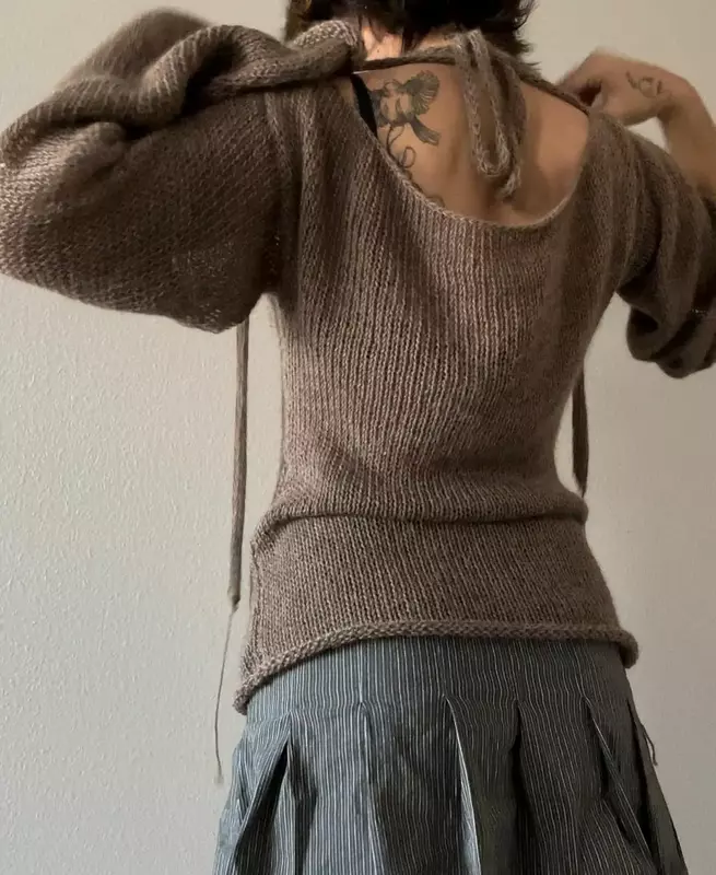 Jesienny Temperament damski rozkloszowany rękaw dzianinowy top sznurowany seksowny sweter z wiązaniem na szyi solidny kolor sweter cienki