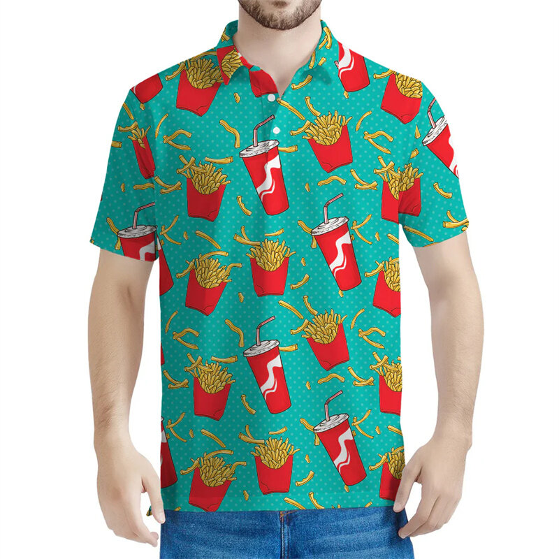 Camisa polo masculina com padrão French Fries, camiseta infantil estampada em 3D, streetwear casual, camiseta dos desenhos animados, botão de lapela, mangas curtas
