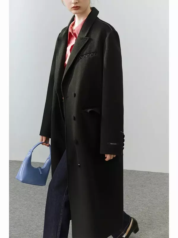 FSLE Temperament Style Single-breasted Stitch Double-sided 100% Wool Coat 2022 Winter New Office Lady Commuter Female Long Coat