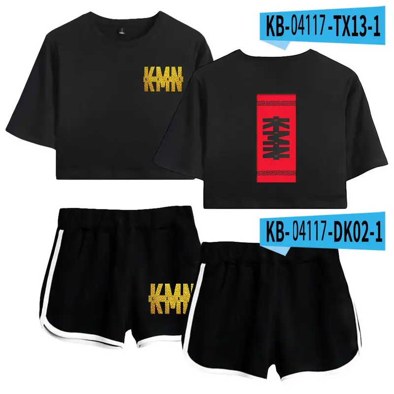 Rapper feminino KMN Gang conjunto de shorts e top cropped, roupas femininas, roupa de treino casual, verão