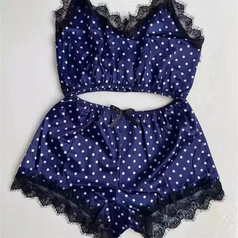 Conjunto de Pijama de encaje con tirantes finos para mujer, ropa de dormir Sexy sin mangas, 220813007