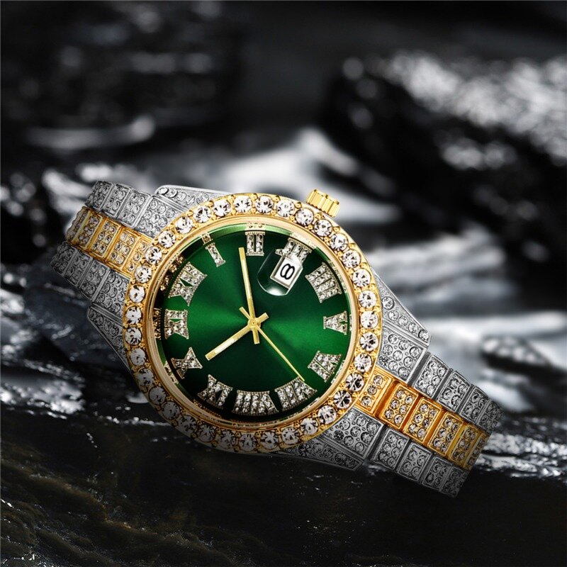 Reloj de cuarzo de lujo para hombre, cronógrafo de acero inoxidable con diamantes, luminoso, a la moda, con calendario, para regalo, 2023