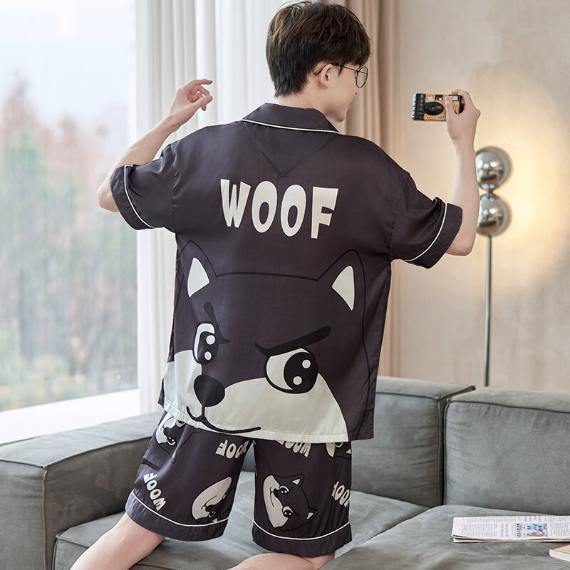 Set piyama Pria Musim Panas 2024 piyama pola anjing longgar Korea pakaian tidur pria piyama kardigan kain sutra pakaian tidur nyaman
