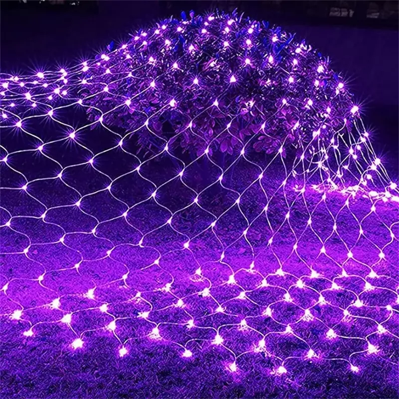 Lampu jaring Halloween ungu 220V, lampu jaring Halloween LED dapat terhubung, lampu jaring ungu merah muda, lampu taman Natal tanaman