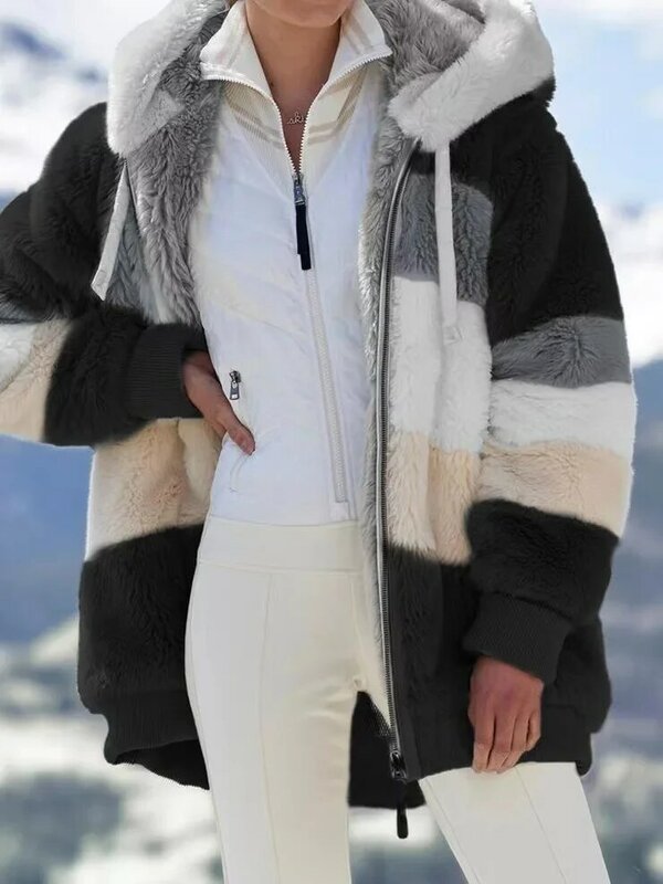 Jaket Mewah Hangat Wanita Mantel Bertudung Lengan Panjang Ritsleting Bulu Imitasi Bulu Tebal Musim Dingin 2022 Mantel Longgar Saku Kasual Wanita