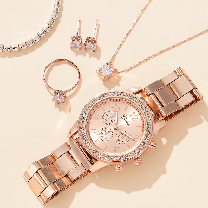 Ensemble montre-bracelet de luxe pour femme, bague, collier, boucles d'oreilles, biscuits, mode, décontracté, dames, montres, bracelet, horloge, 6 pièces