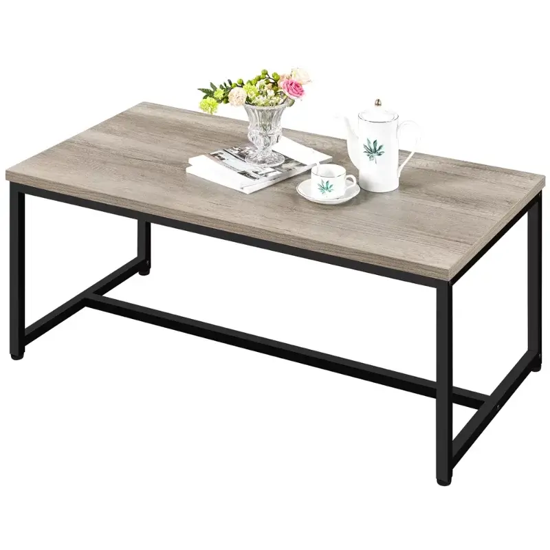 木製と金属のコーヒーテーブル,素朴な灰色のリビングルームの家具