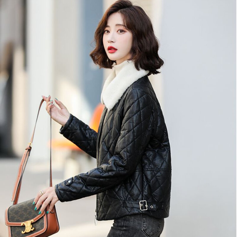 2023 Autumn Winter New Short Cotton Padded PU Leather Jacket Women Fashion Slim Large Size Outwear Temperament Casual Jacket