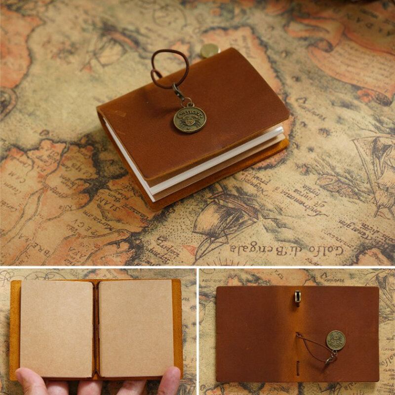 Mini cuaderno de viaje Retro, planificador de cuero genuino, diario hecho a mano, cuaderno de bocetos, papelería