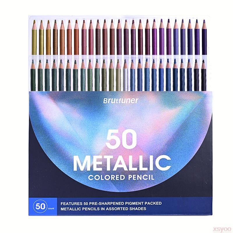 أقلام رصاص ملونة معدنية من Brutfuner 50 قطعة قلم رصاص ملون من الخشب الناعم قلم رصاص ذهبي للفنانين رسم تلوين مستلزمات فنية