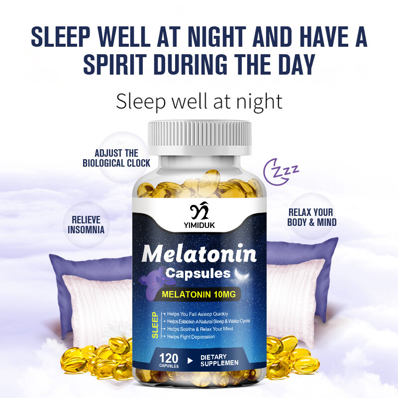 10Mg kapsułki melatoniny, aby złagodzić stres, pomaga głęboki sen oszczędzać pomoc w bezsenności, pomagając zasnąć