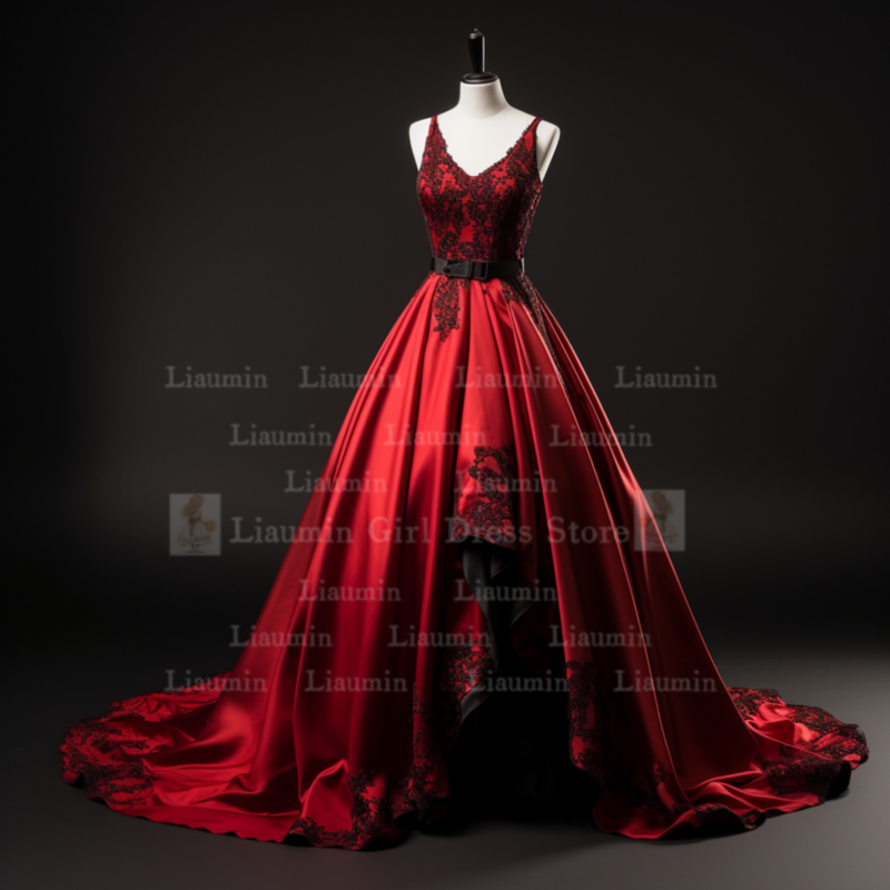 Niestandardowa czerwona satyna i czarna koronkowa aplikacja bez ramiączek na całej długości sznurowana suknia wieczorowa Brithday elagantyczna odzież W1-15