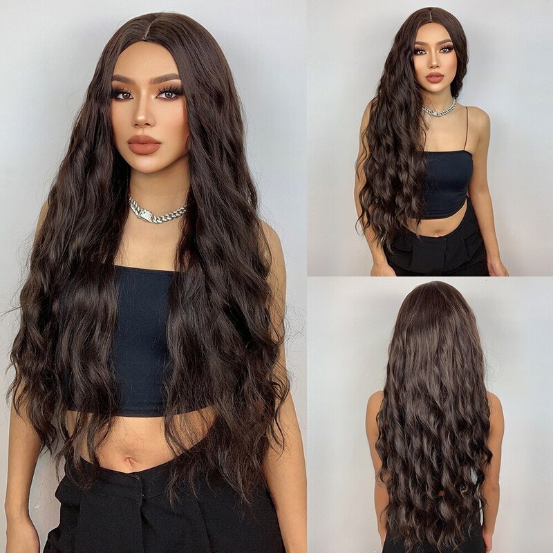 Haircube-peruca ondulada longa marrom encaracolada para mulheres, parte média, sintético, resistente ao calor, cabelo falso, qualquer ocasião