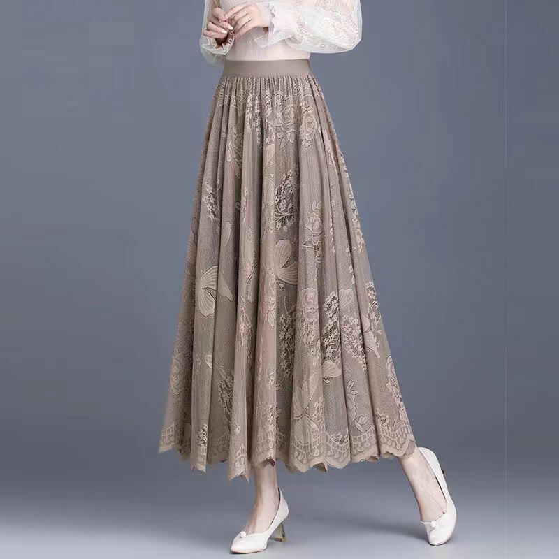 Elegant Elastic Solid Color Folds Hollow Out Lace Skirts Women's Clothing 2024 Summer New Loose Office Lady High Waist Skirts