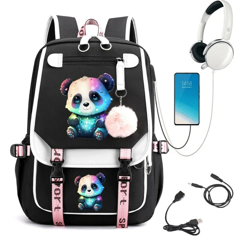 초등 중등 학교 배낭 다채로운 팬더 애니메이션 학교 가방, USB 충전 백팩, 십대 소녀 백팩, 카와이 책가방
