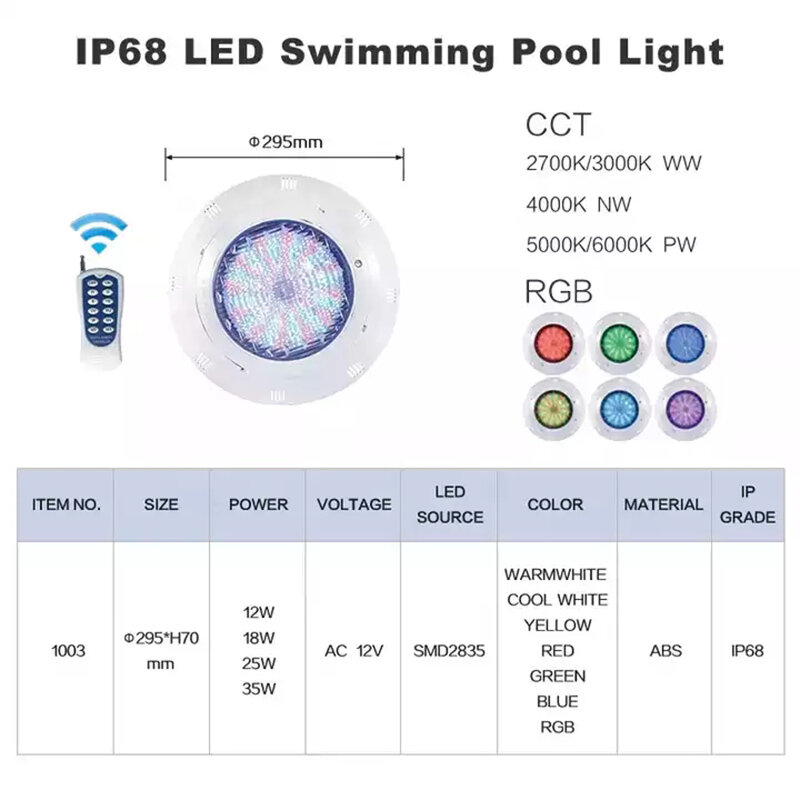 ชุดชั้นในบางเบา LED IP68 18W 24W 30W 35W 42W โปรเจคเตอร์สำหรับสระว่ายน้ำ12V
