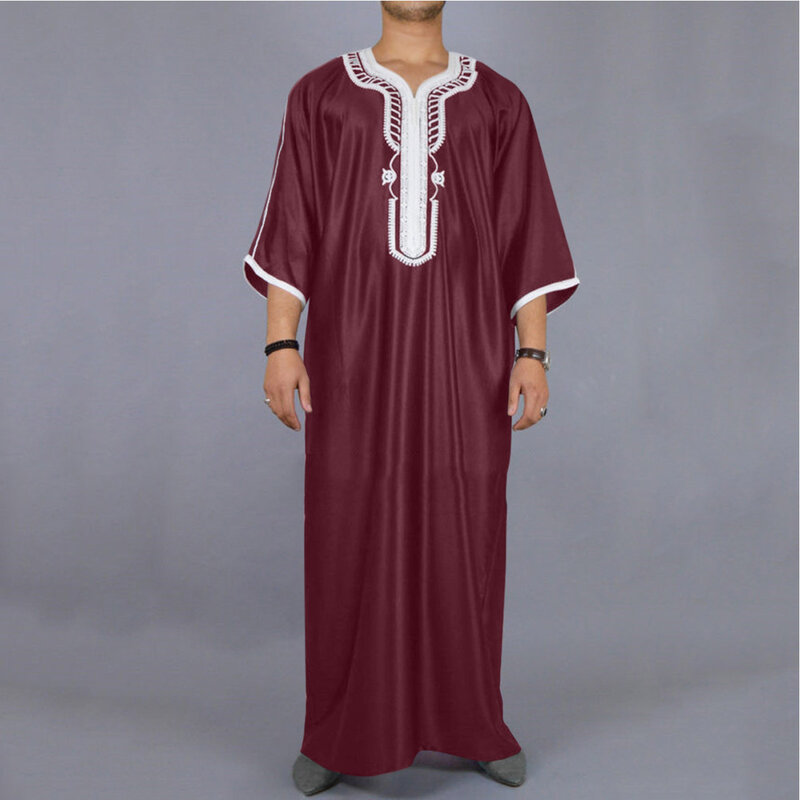 男性のための通気性のある刺繍されたゆったりとしたドレス,イスラム教徒のドレス,長いカジュアルな襟,カフタン,arabe,イスラムの服,インドのドレス