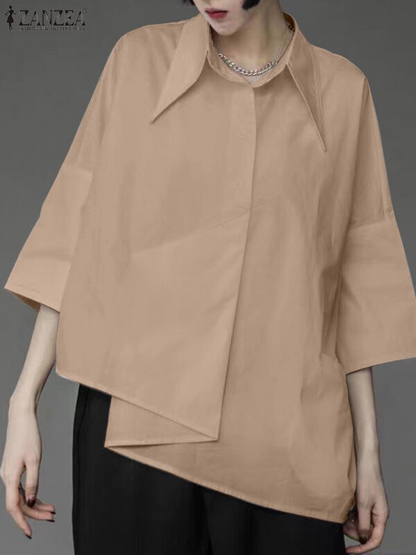 Женская Весенняя рубашка ZANZEA, модные повседневные свободные топы с отложным воротником и рукавом 3/4, однотонные офисные блузы, асимметричный дизайн, блузка