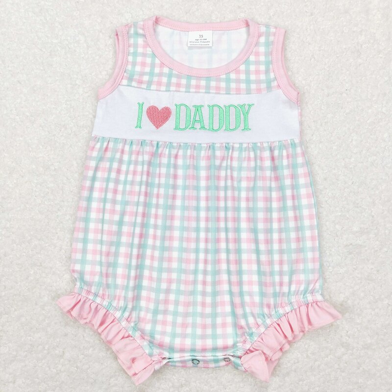 Wholesale Children Newborn Embroidery I Love Daddy Romper Toddler Kids Sleeveless Jumpsuit Baby Boy Girl One-piece Plaid Clothes