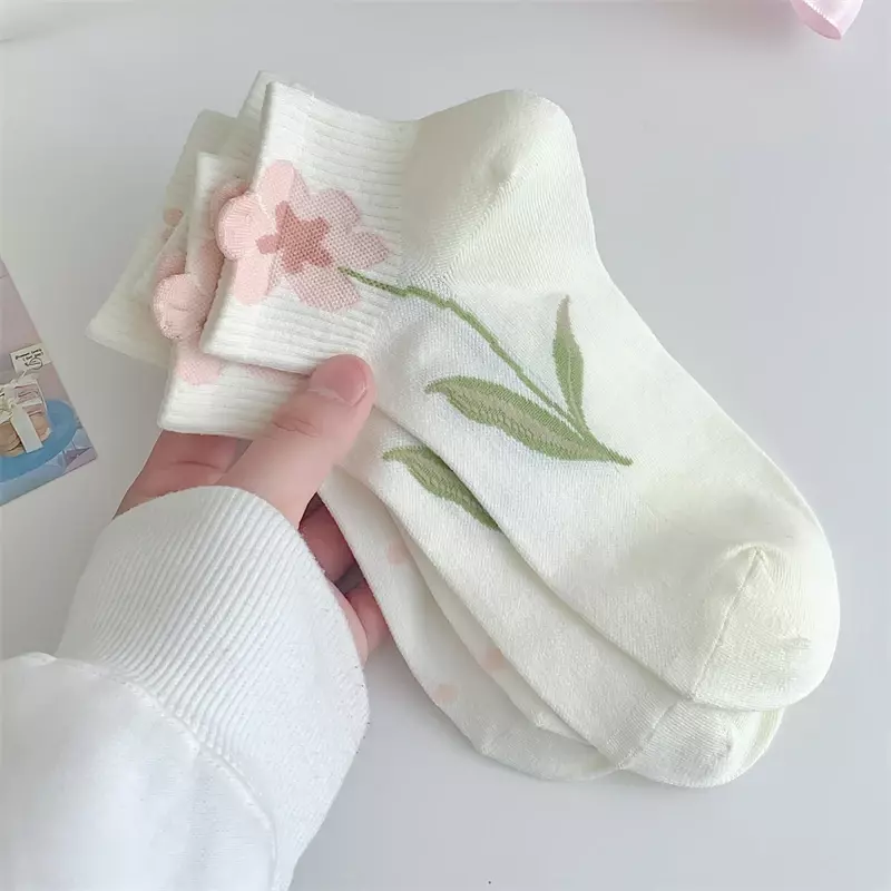 Conjunto de calcetines cortos para mujer, medias tobilleras de malla con flores blancas, estilo coreano, novedad, 5 pares por lote
