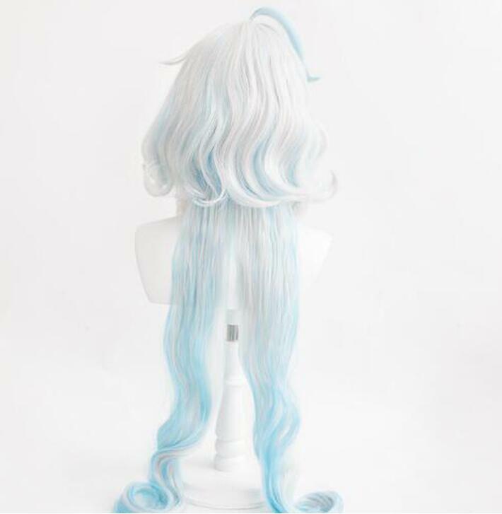 Fokalory Fontaine peruka do Cosplay peruki Furina o długości 100cm niebiesko-białe kręcone peruki damskie odporne na ciepło Anime peruki + czapka z peruką