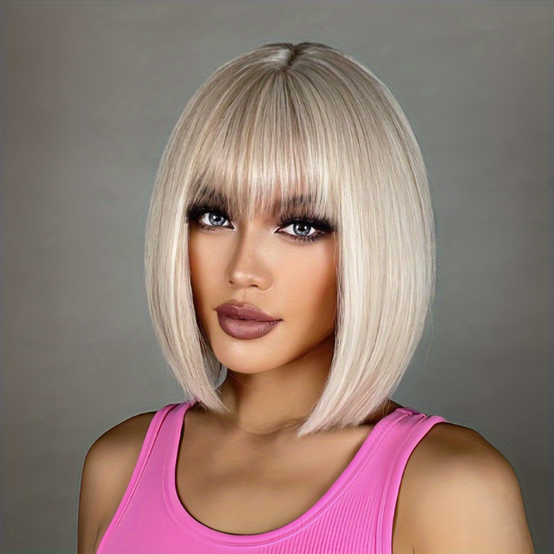 Short Ombre Bob Wigs With Bangs Straight Middle Part Wigs Synthetic Wig Heat Resistant Wigs Short Wig For Women Cosplay