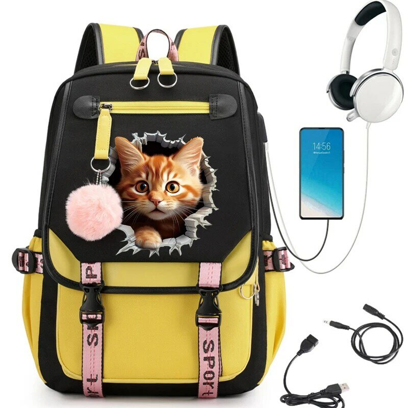 حقيبة ظهر كاواي بطبعة قطة للأطفال ، حقائب مدرسية للبنات ، حقيبة مدرسية ابتدائية مقاومة للماء ، حقيبة كتب ، USB