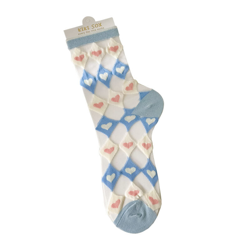 Летние тонкие прозрачные стеклянные шелковые носки Love для женщин, модные японские милые и милые Дышащие носки средней длины с цветами