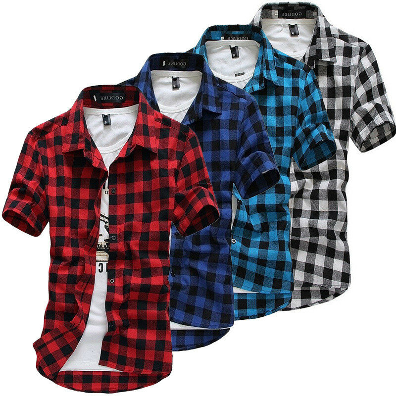 Youth Summer Slim Fit Plaid Short Sleeve Shirts for Men