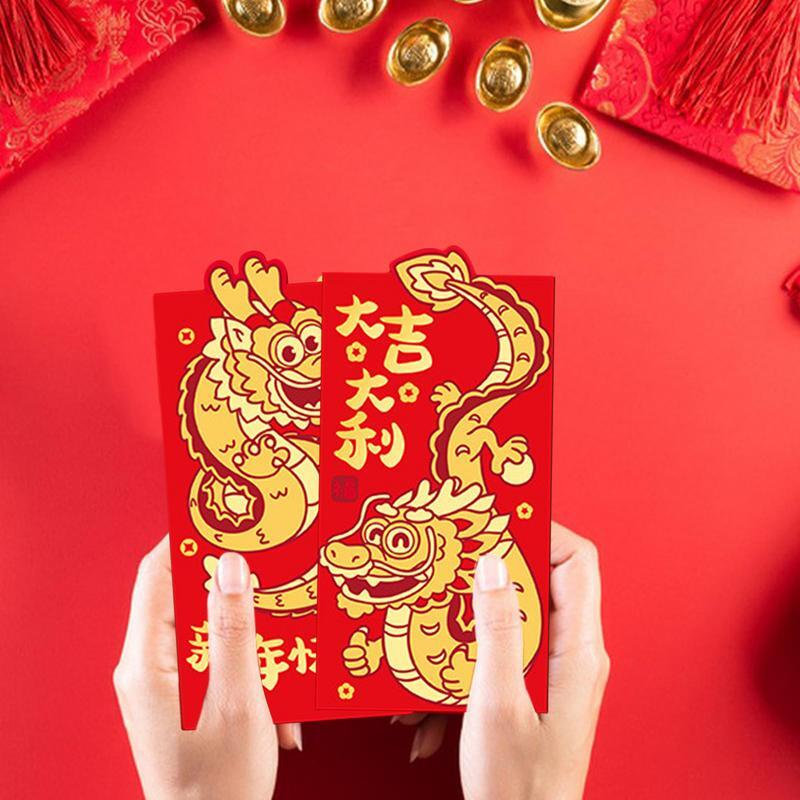 6pcs Chinese New Year Red Envelope Dragon Lunar Year Red Pocket Envelope Spring Festival Lucky Money Bags Hongbao Blessing Gift