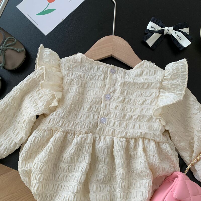 New In Autumn 2023 Lace Cute One-Piece Ruched  Overalls for Newborn Baby Girls with Big Bow , Kids Infant Bodysuits 0-24M