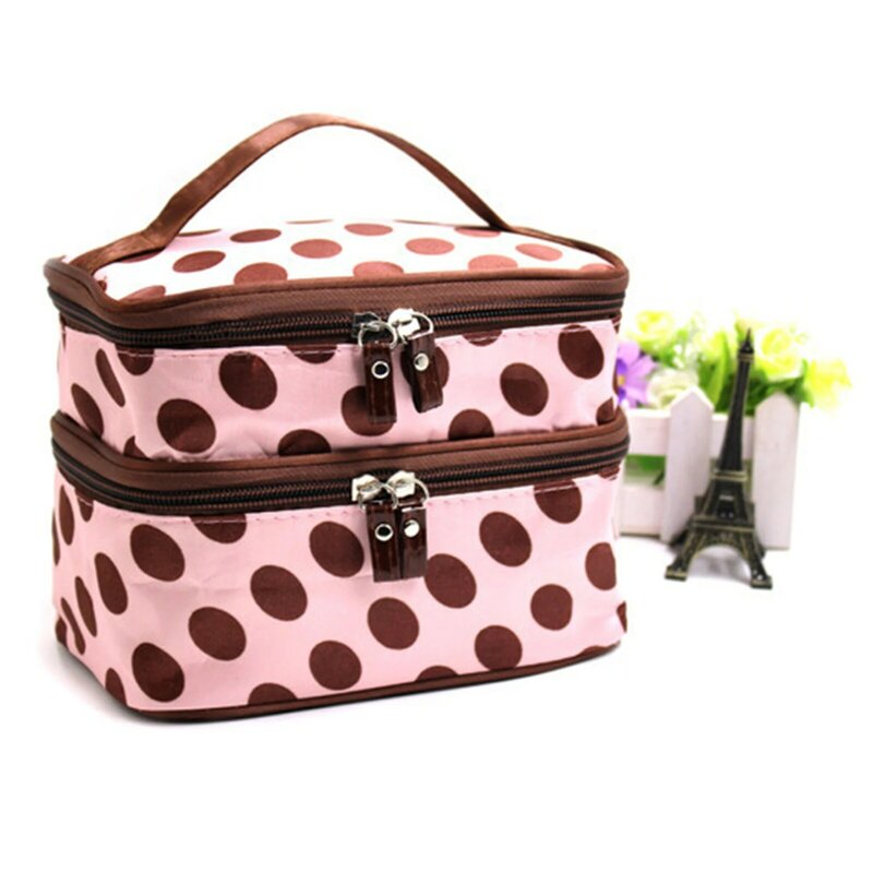 Large Dot Pattern Wash Storage Bag Waterproof 2 Way Zipper Storage Bag for Women Cosmetic Organizer