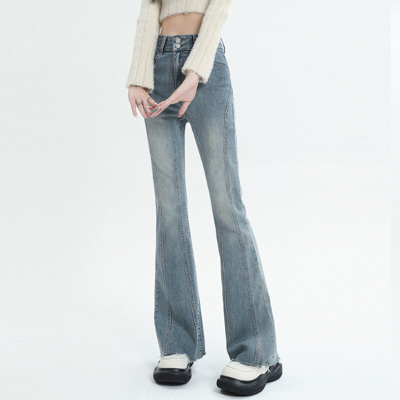 Celana Jeans kurus gaya jalanan wanita, pakaian Y2k ramping pinggang tinggi, celana Denim biru Retro modis musim panas